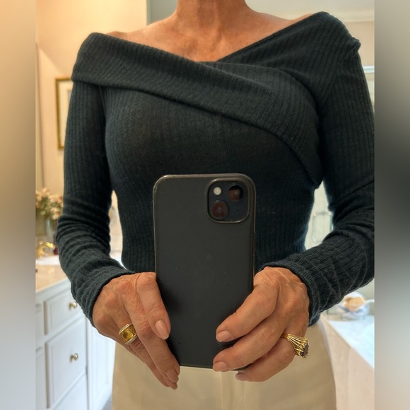 Off the Shoulder Stretch Soft Blouse, Mid-Night Blue Pull Over, Long Sleeve, SzS - Picture 3 of 11